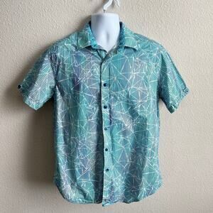 Robert Graham Blue Geometric Sport Button Down Shirt Men's L Short Sleeve Bold